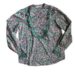 Cherry Cloth Lace Trim Frilly Popover Floral Long Sleeve Blouse Green Size Large
